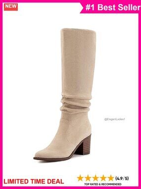 Faux Suede Knee High Boots Pointed Toe Chunky Heel Slouchy